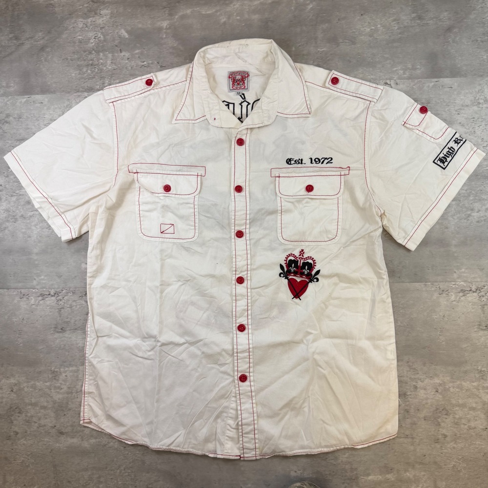 Evolution In Design High Rollers Shirt Mens XL White Red Y2K Graphic Button Down